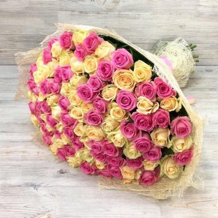 Букет из 101 кремовой и розовой розы (50 см) "Свежее утро"