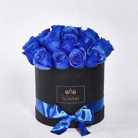 Букет "25 синих роз в черной шляпной коробке"
